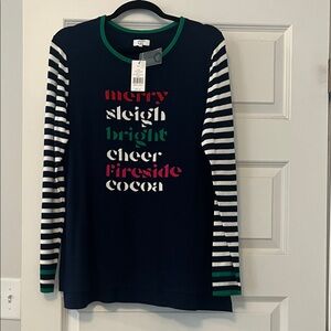 crown & ivy Festive Navy Sweater with Striped Sleeves